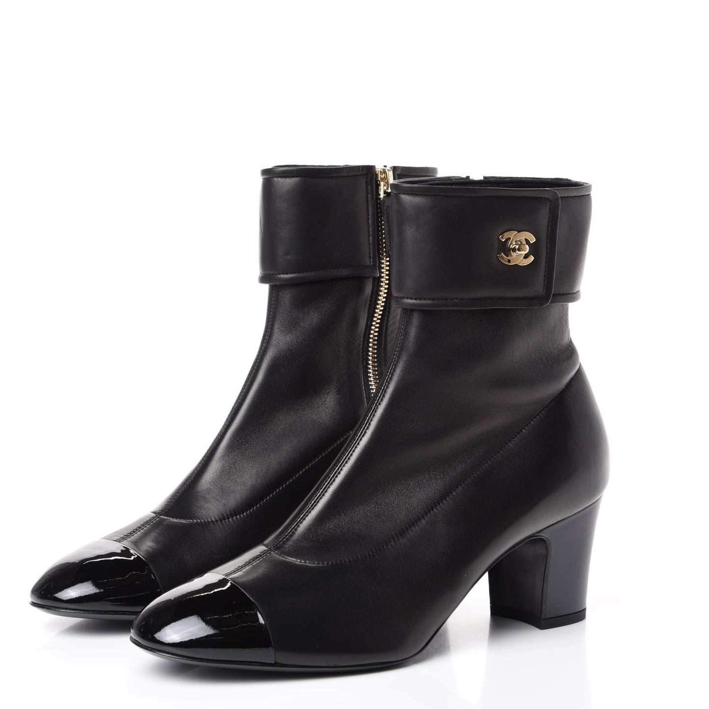 Lambskin Patent Cap Toe CC Turnlock Ankle Boots 40 Black