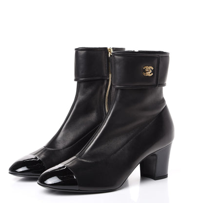 Chanel Lambskin Patent Cap Toe CC Turnlock Ankle Boots 40 Black 2 of 11