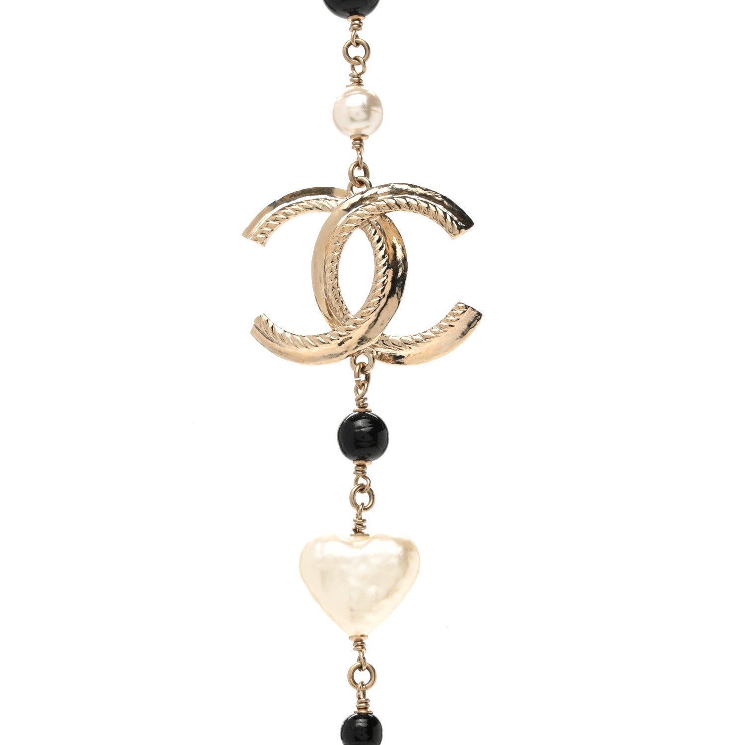 Chanel Pearl Bead Heart CC Long Necklace Gold Black 4 of 6
