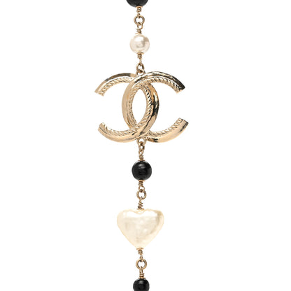 Chanel Pearl Bead Heart CC Long Necklace Gold Black 4 of 6