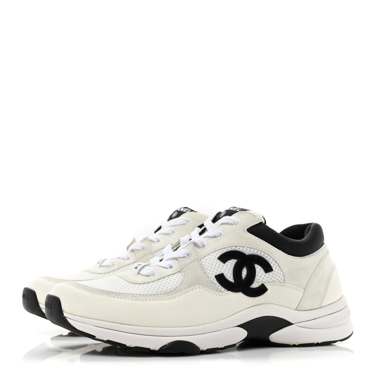 Chanel Mesh Suede Calfskin Grained Calfskin Womens CC Sneakers 41 White Black 3 of 8