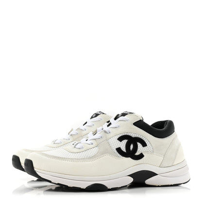 Chanel Mesh Suede Calfskin Grained Calfskin Womens CC Sneakers 41 White Black 3 of 8