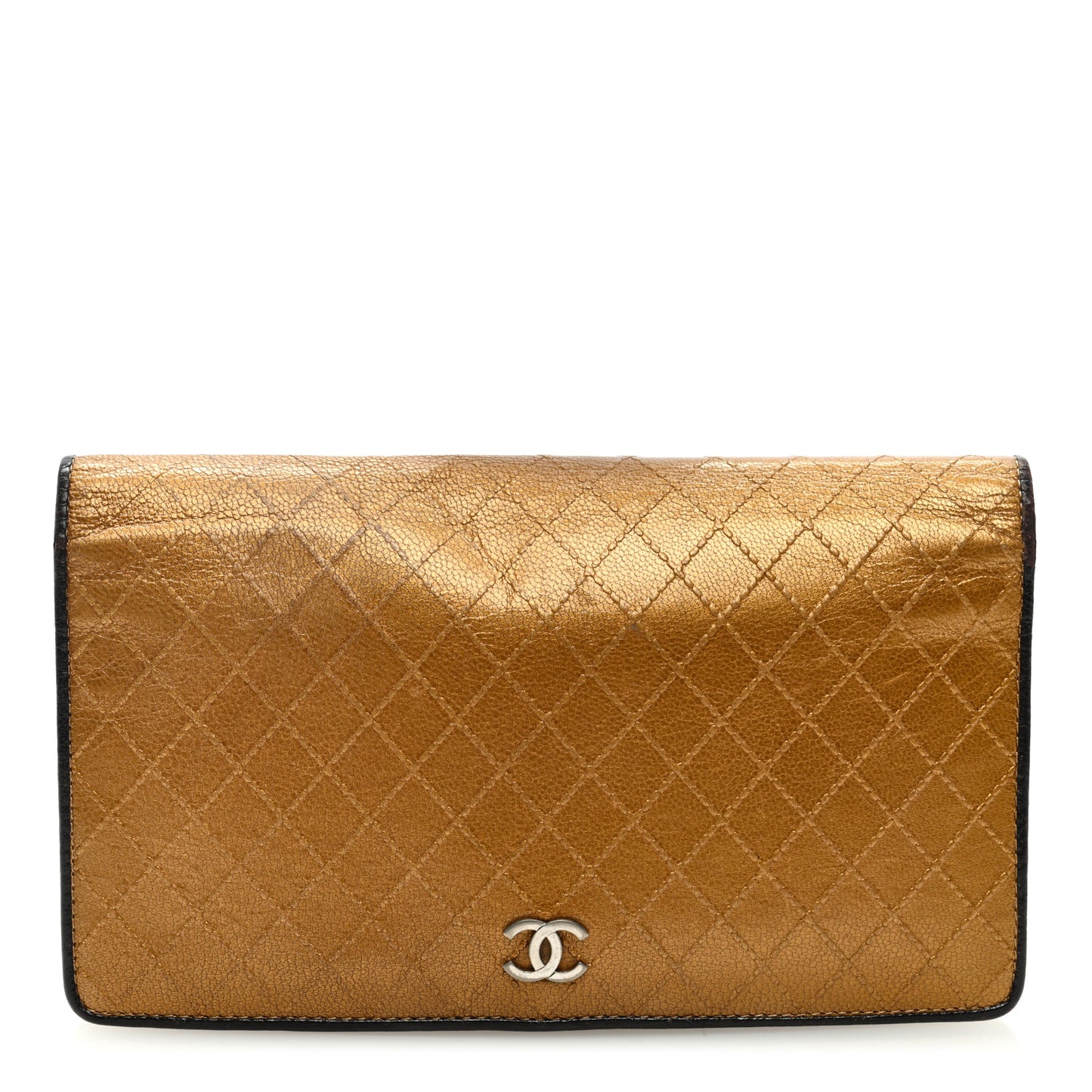 Metallic Calfskin Diamond Stitched Flap Wallet Gold
