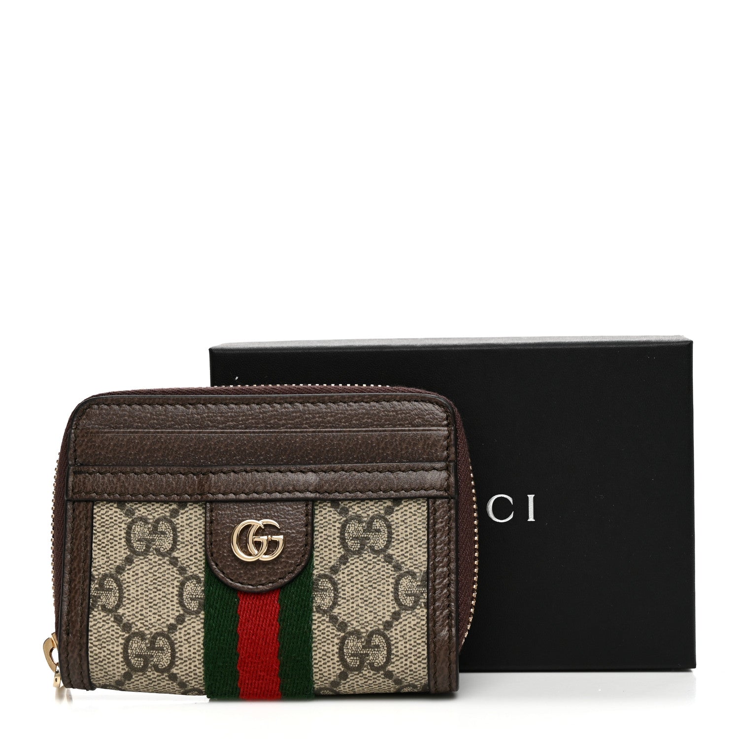 Gucci GG Supreme Monogram Textured Dollar Calfskin Web Ophidia Zip Around Card Case Wallet Beige Ebony New Acero 8 of 8