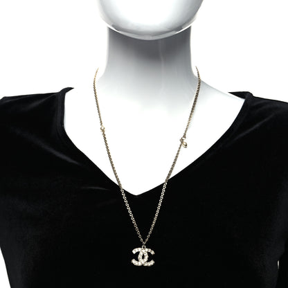 Chanel Metal Pearl Crystal CC Textured Pendant Necklace Gold 2 of 5