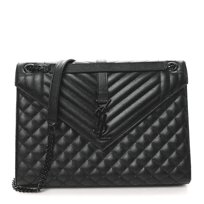 Saint Laurent Grain De Poudre Textured Mixed Matelasse Large Triquilt Monogram Monochrome Satchel Black 1 of 12