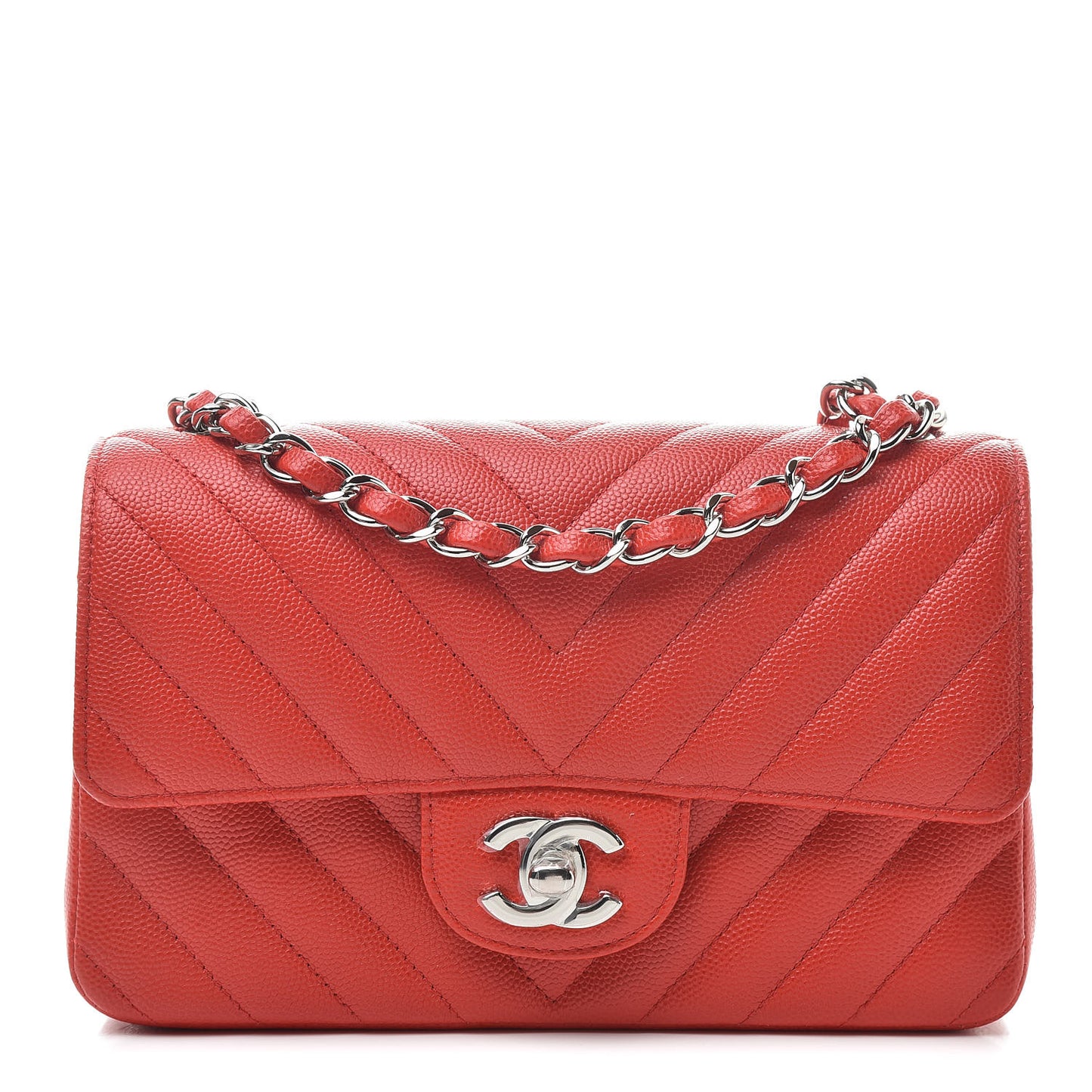 Caviar Chevron Quilted Mini Rectangular Flap Red