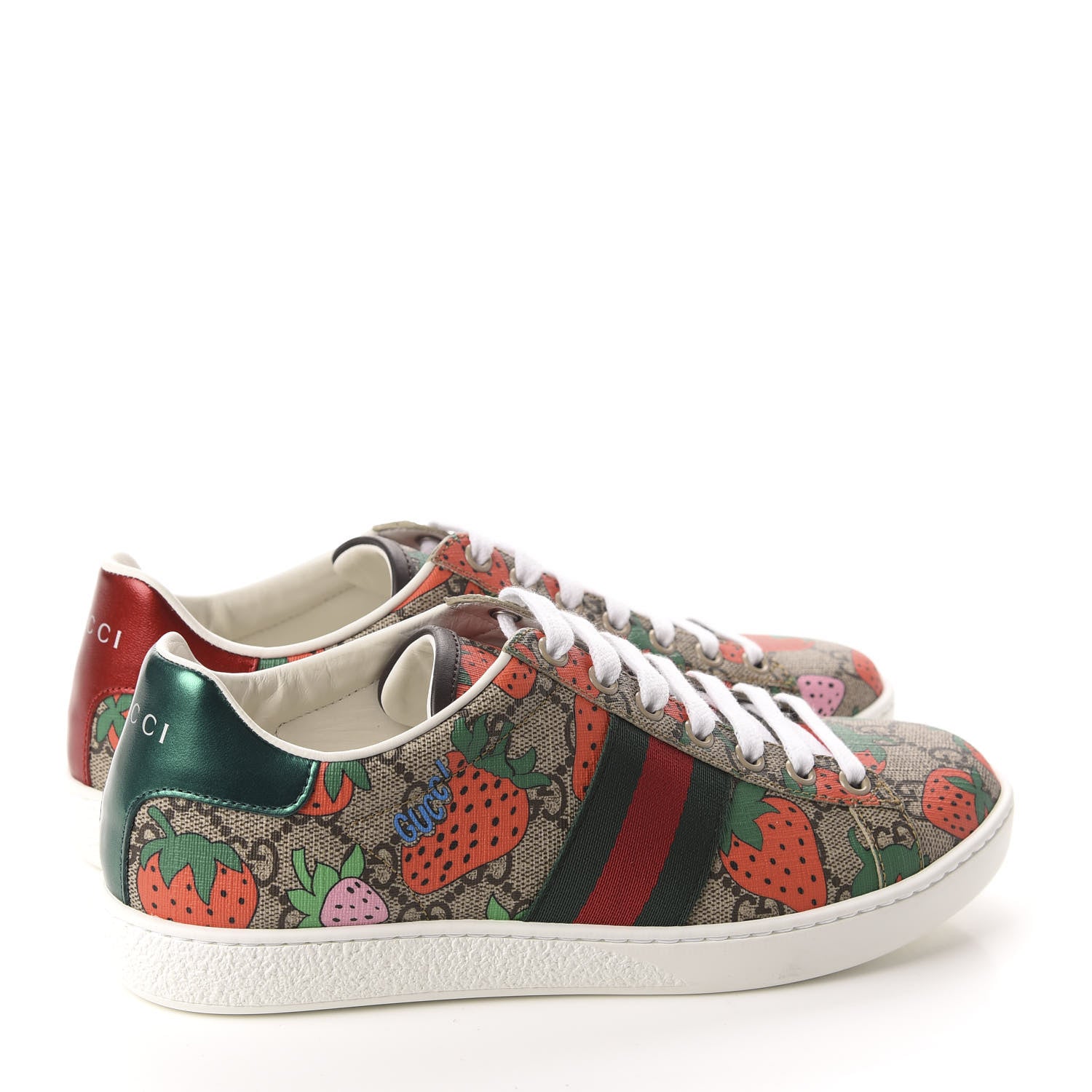 Gucci GG Supreme Monogram Strawberry Web Womens Ace Sneakers 37 Beige Multicolor Red Green 4 of 10
