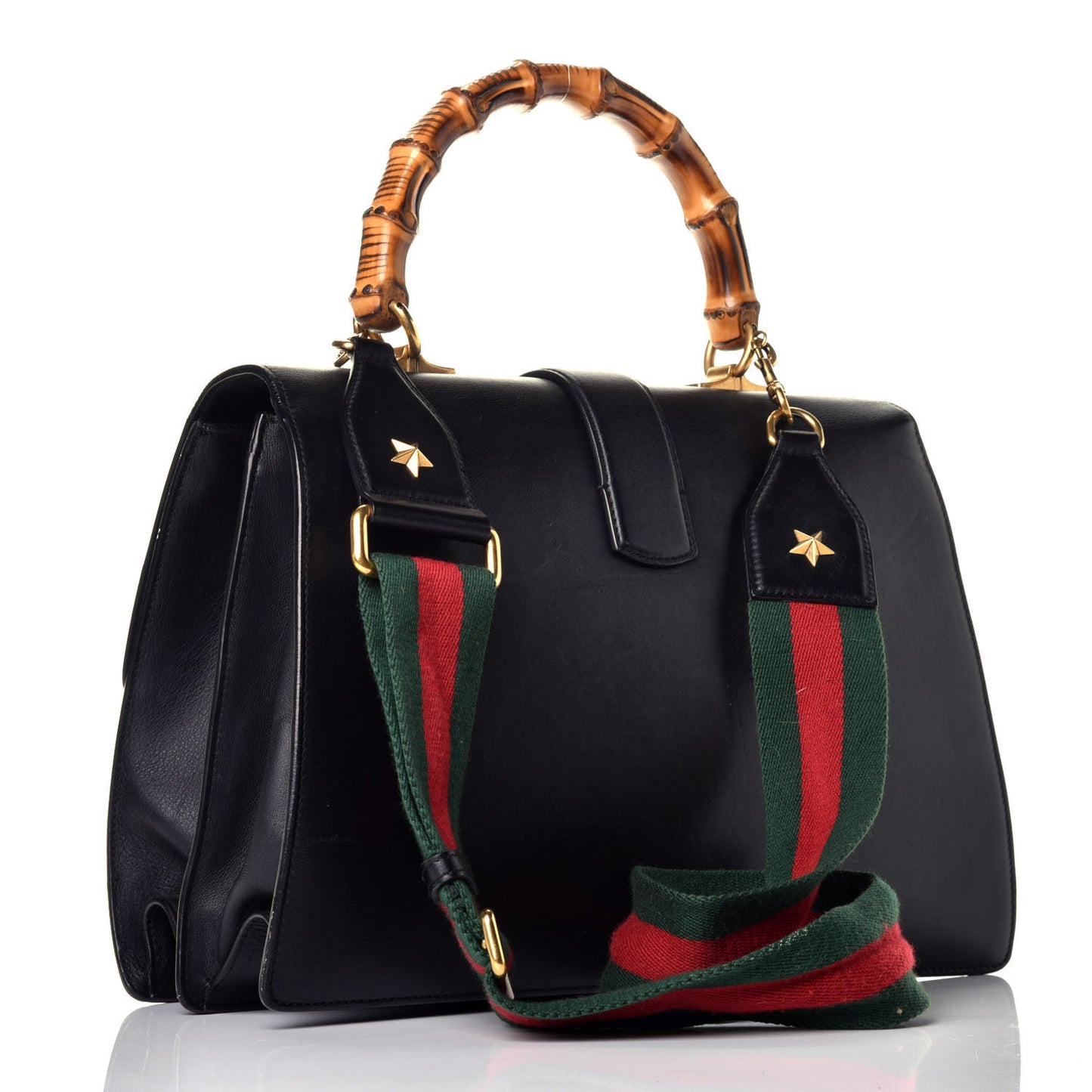 Calfskin Bamboo Web Large Dionysus Top Handle Bag Black Bright Evergreen Hibiscus Red