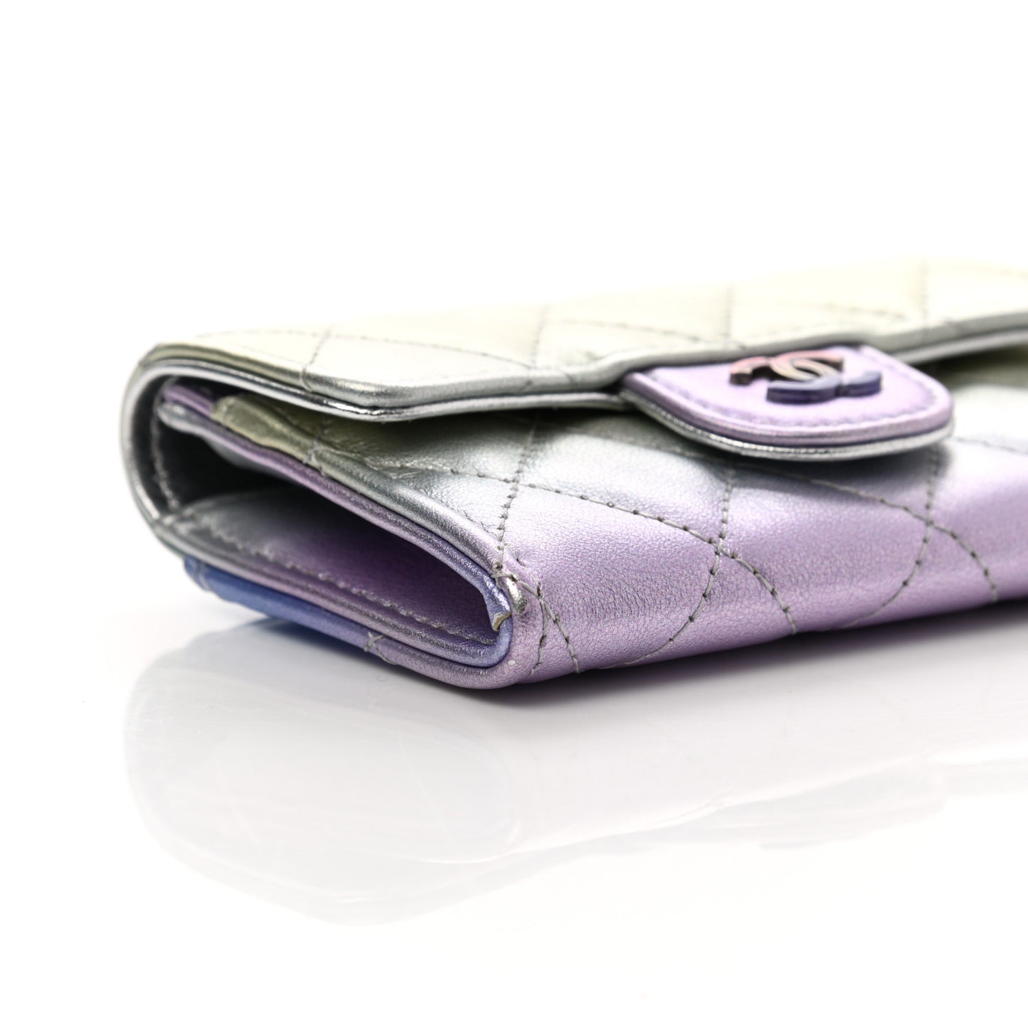 Gradient Metallic Calfskin Quilted Flap Card Holder Wallet Silver Blue Yellow Purple