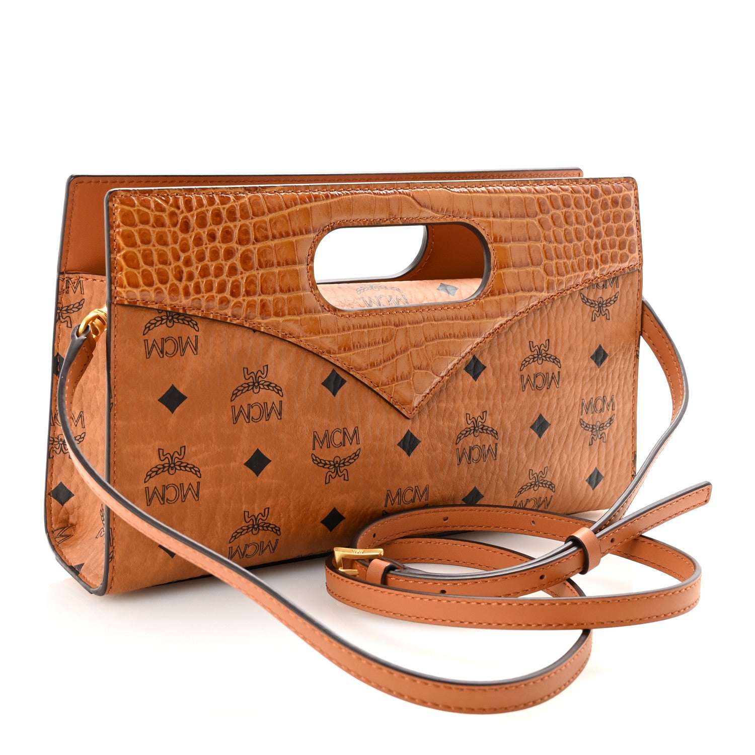 MCM Visetos Crocodile Embossed Calfskin Small Diamond Tote Cognac
