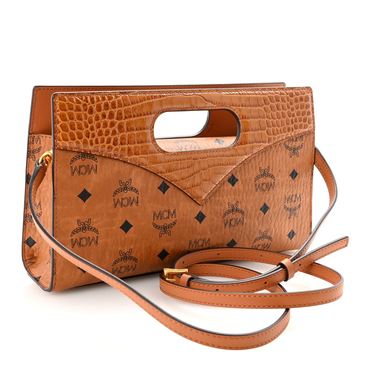 Visetos Crocodile Embossed Calfskin Small Diamond Tote Cognac