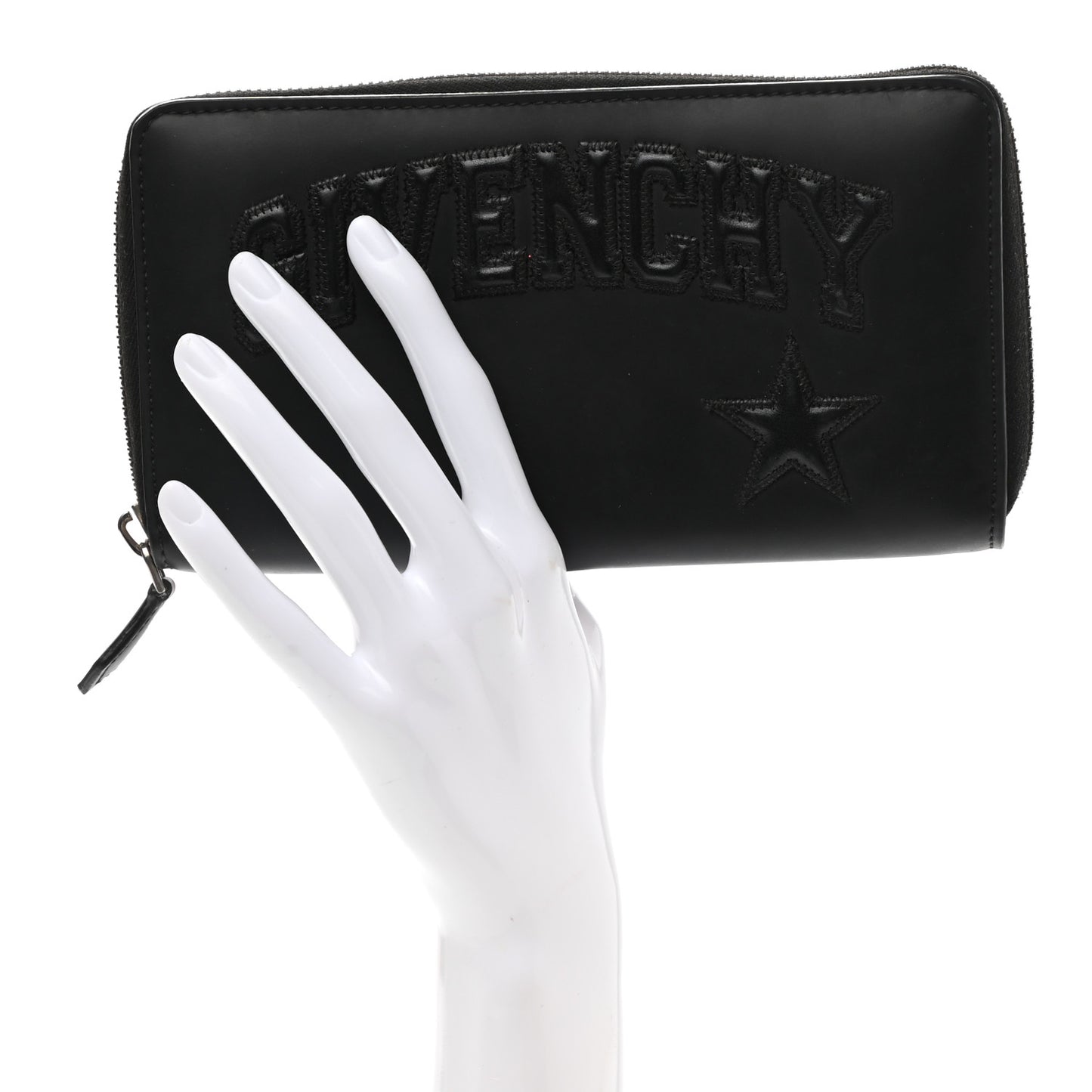 Calfskin Logo Star Embossed Zip Around Wallet Black