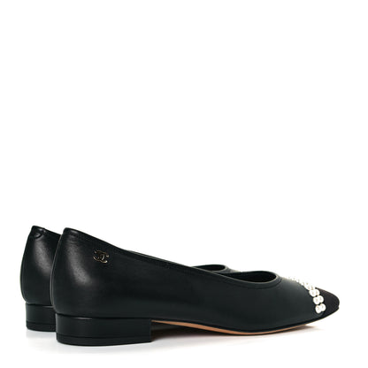 Chanel Lambskin Grosgrain Pearl Cap Toe Ballerina Flats 37 Black 4 of 10