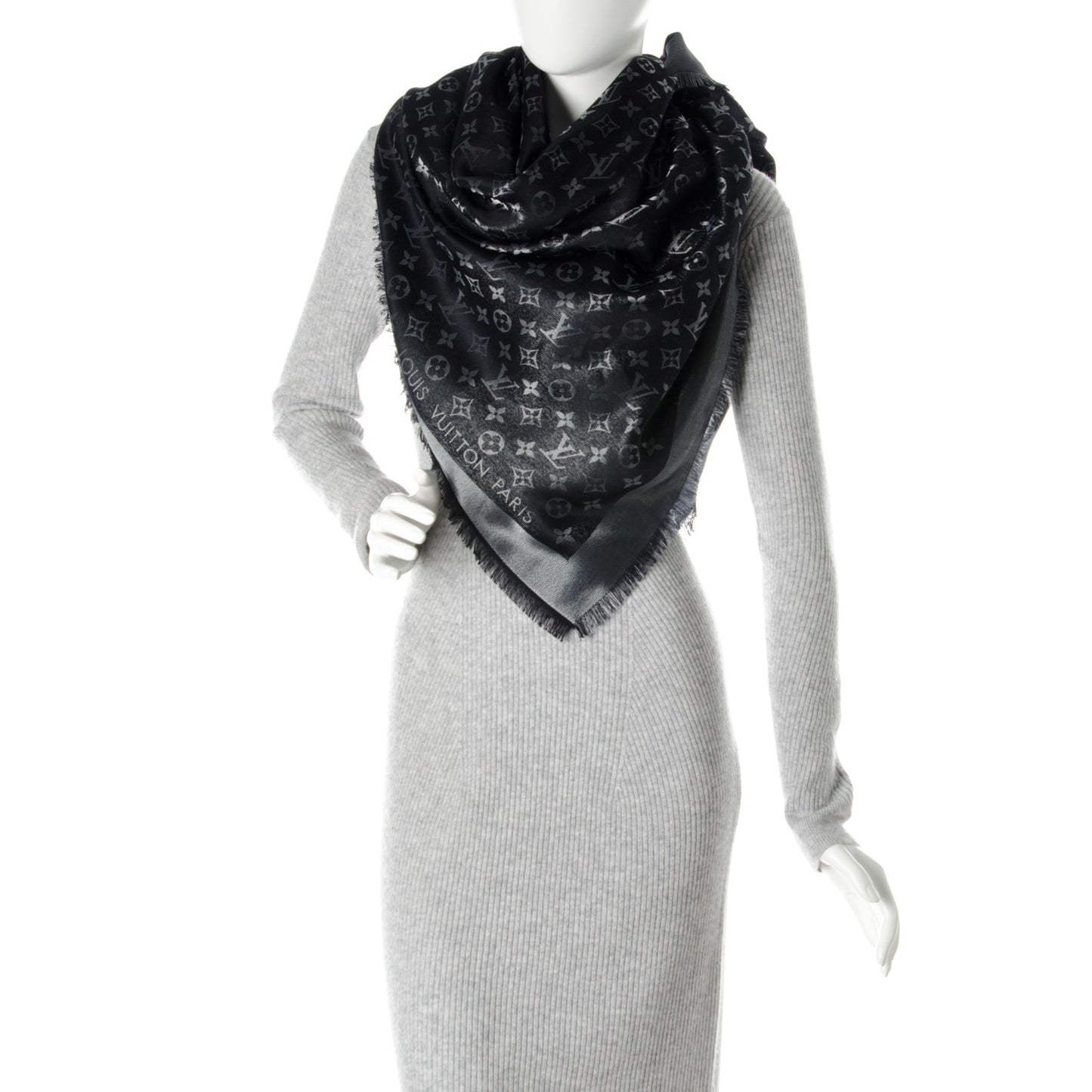 Wool Silk Monogram Denim Shawl Black
