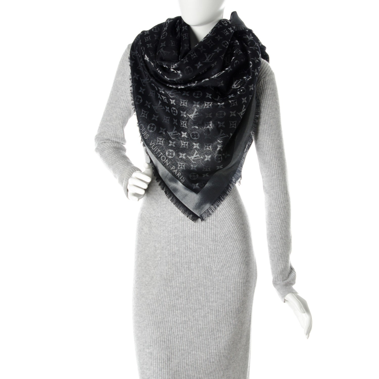 Louis Vuitton Wool Silk Monogram Denim Shawl Black 2 of 5