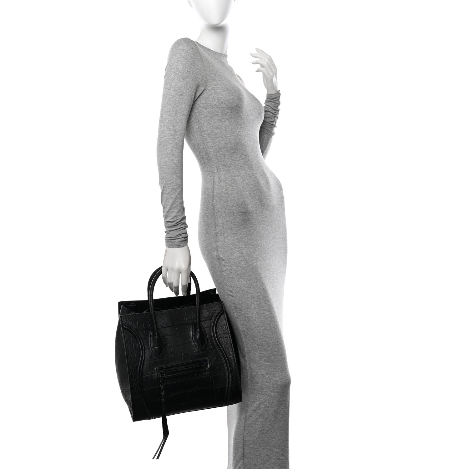 Celine Crocodile Embossed Calfskin Medium Phantom Luggage Black 2 of 16