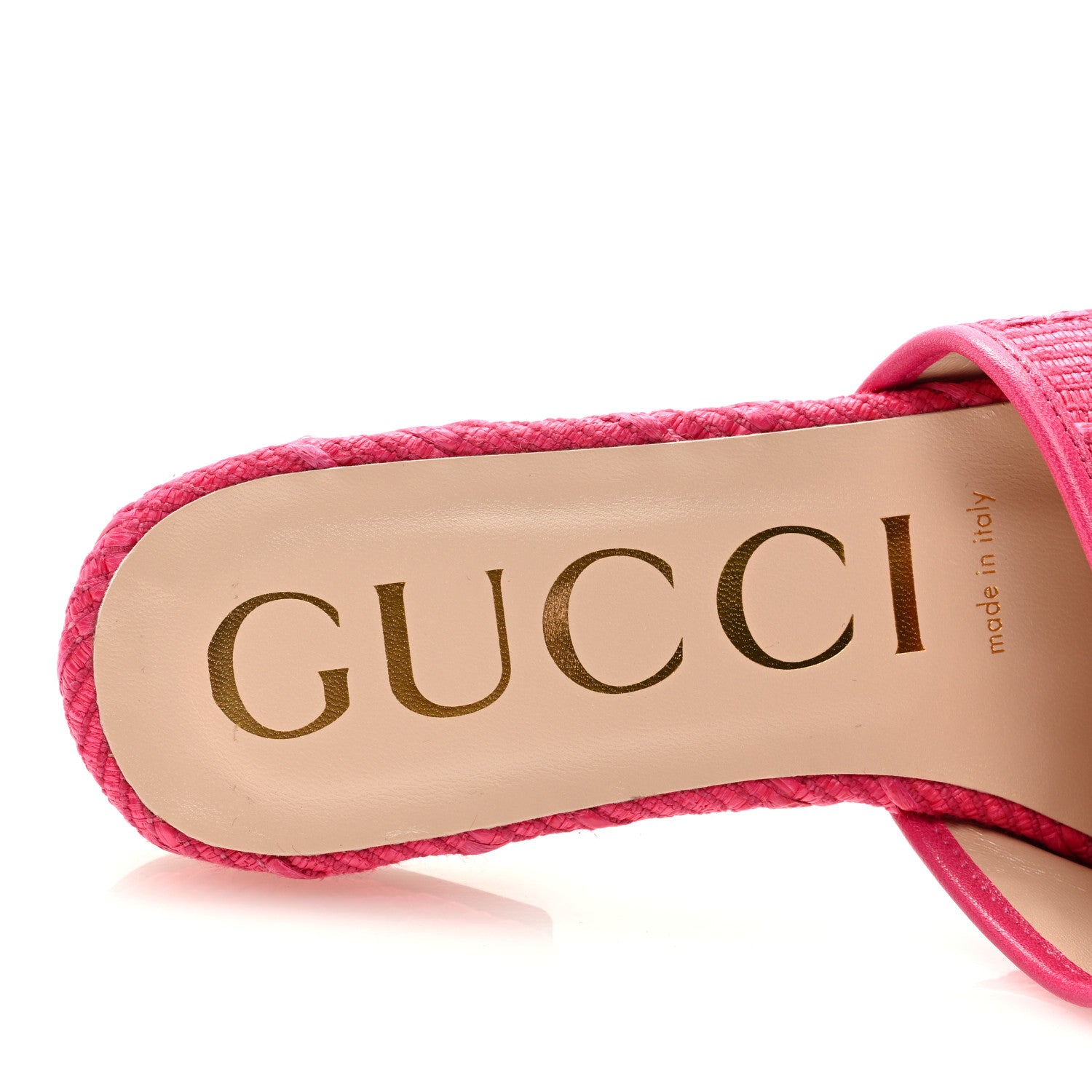 Gucci Tridimensional Raffia Malaga Kid GG Monogram Horsebit Flat Slide Sandals 38.5 Bright Fuxia 7 of 7