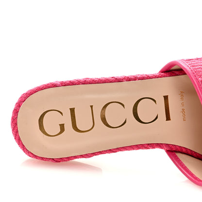 Gucci Tridimensional Raffia Malaga Kid GG Monogram Horsebit Flat Slide Sandals 38.5 Bright Fuxia 7 of 7