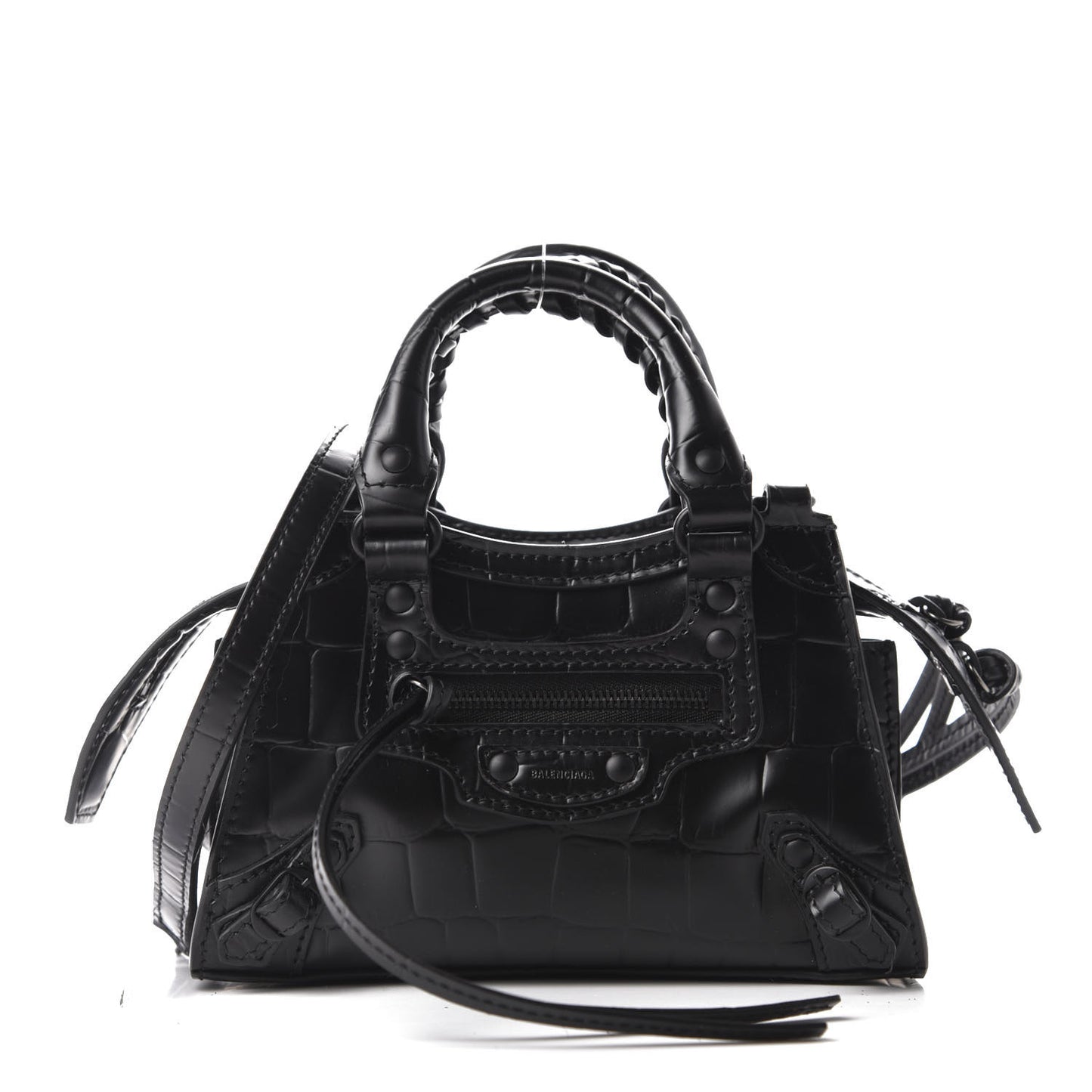 Semi Shiny Calfskin Crocodile Embossed Neo Classic Black Hardware Nano City Crossbody Black