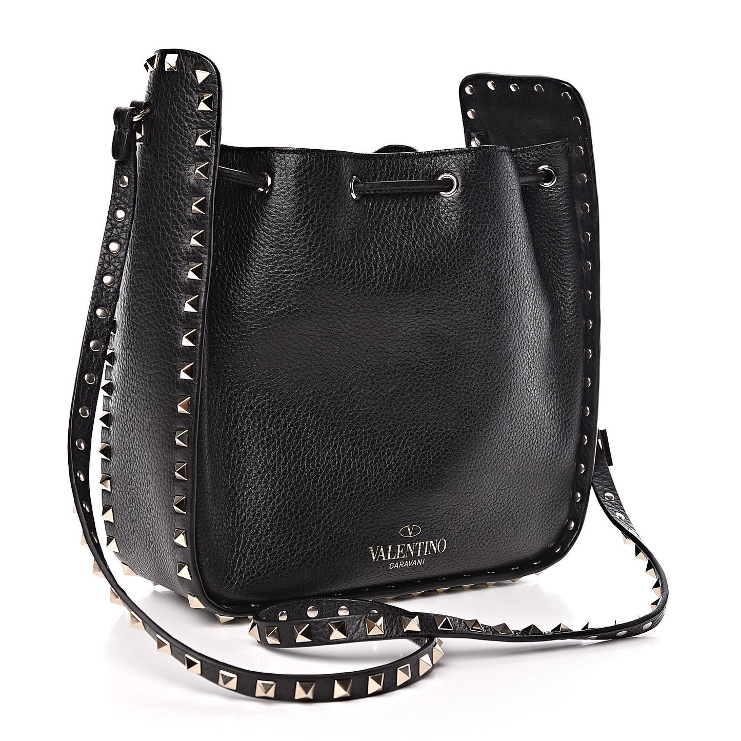 Grained Calfskin Rockstud Bucket Bag Black