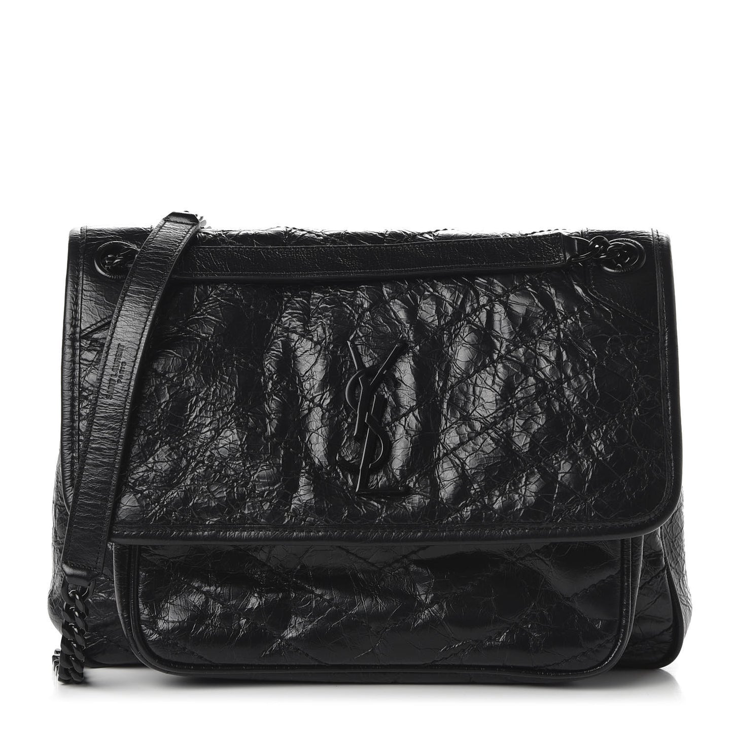 Crinkled Calfskin Matelasse Monogram Medium Niki Chain Satchel Black