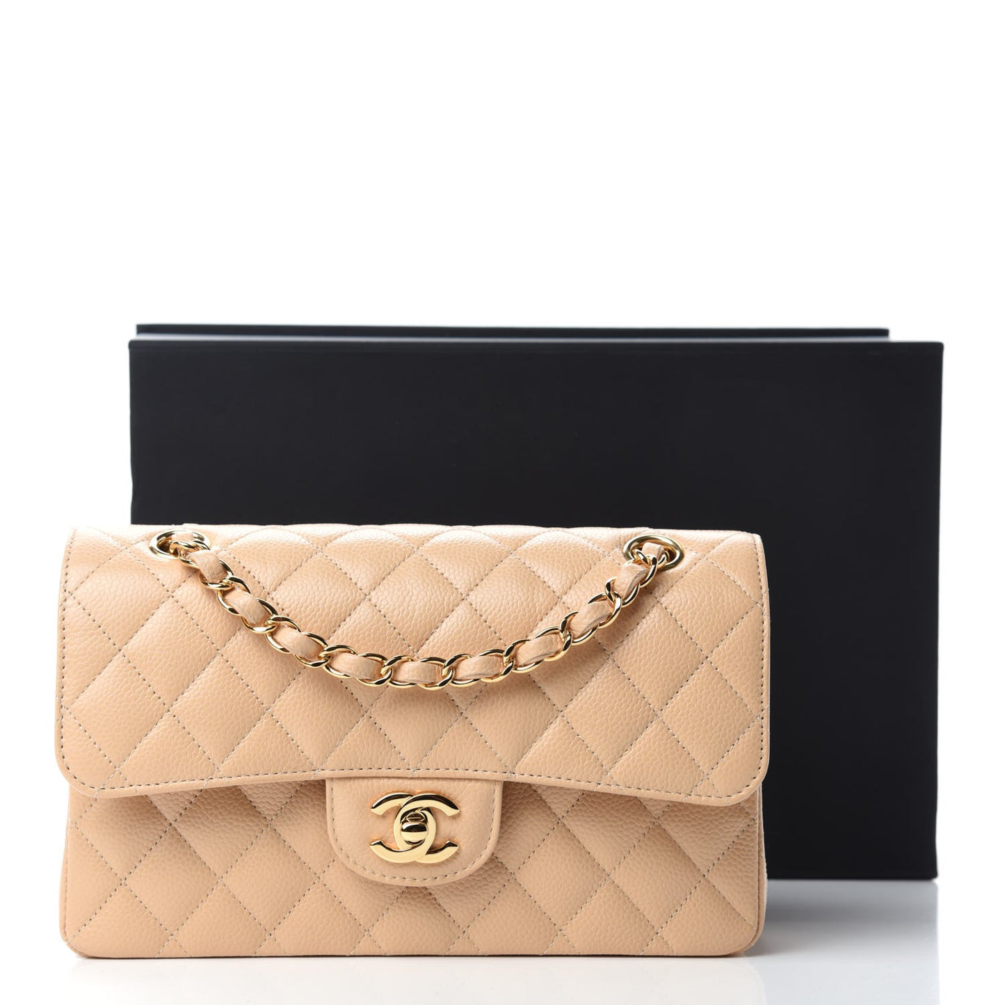 Caviar Quilted Small Double Flap Beige