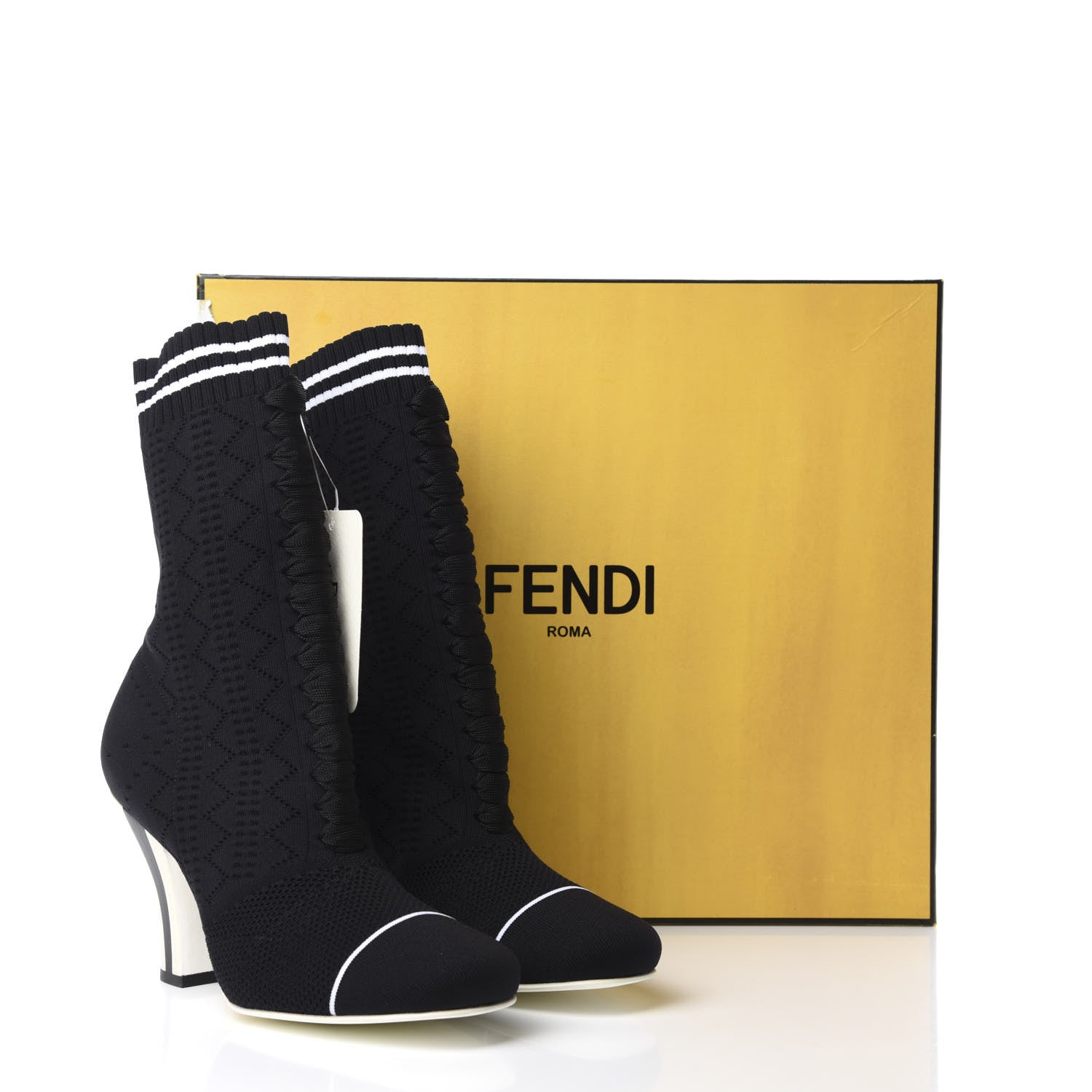 Fendi Stretch Fabric Openwork Rockoko Sock Boots 38 Black White 8 of 8