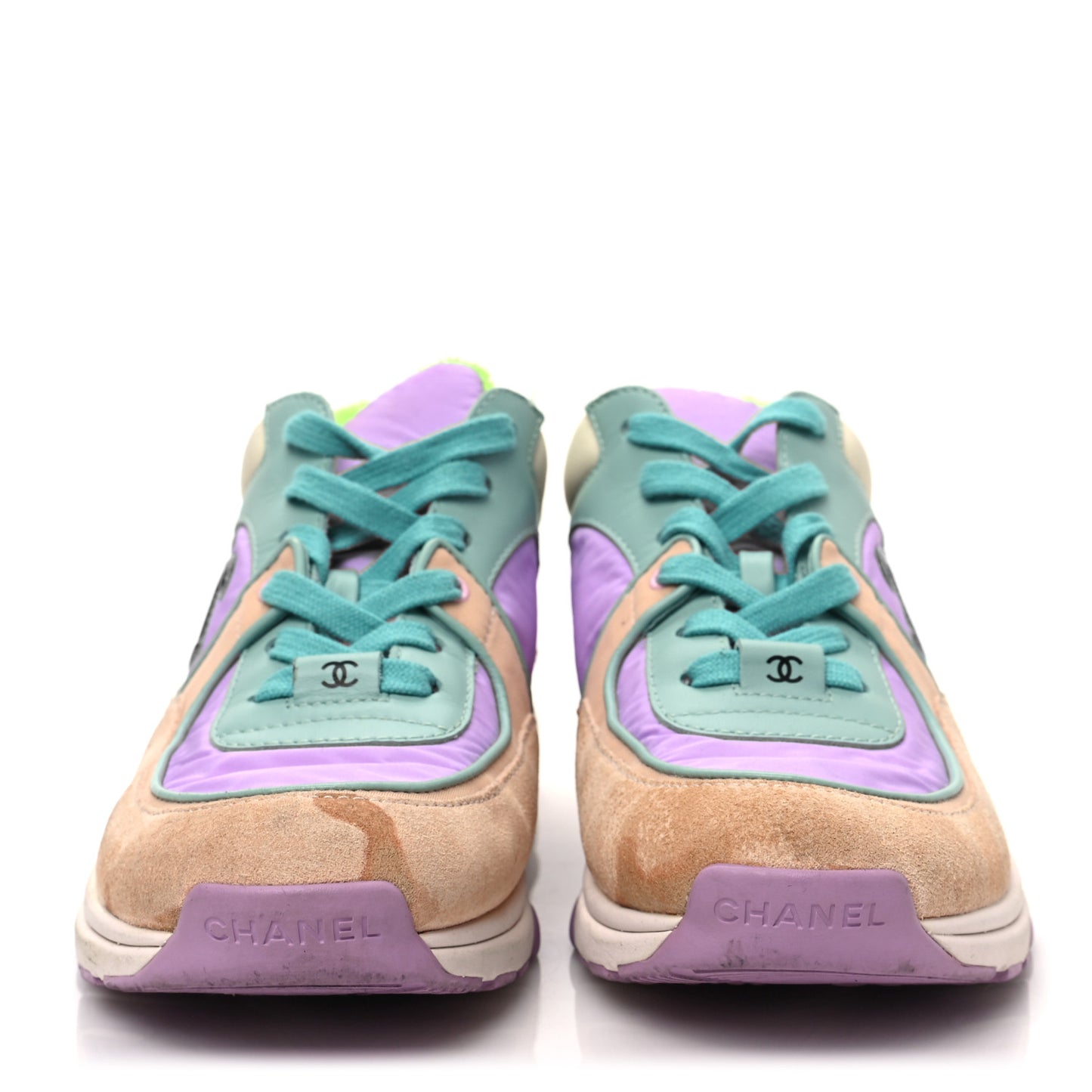 Nylon Lambskin Suede Calfskin CC Sneakers 37 Green Purple Pink