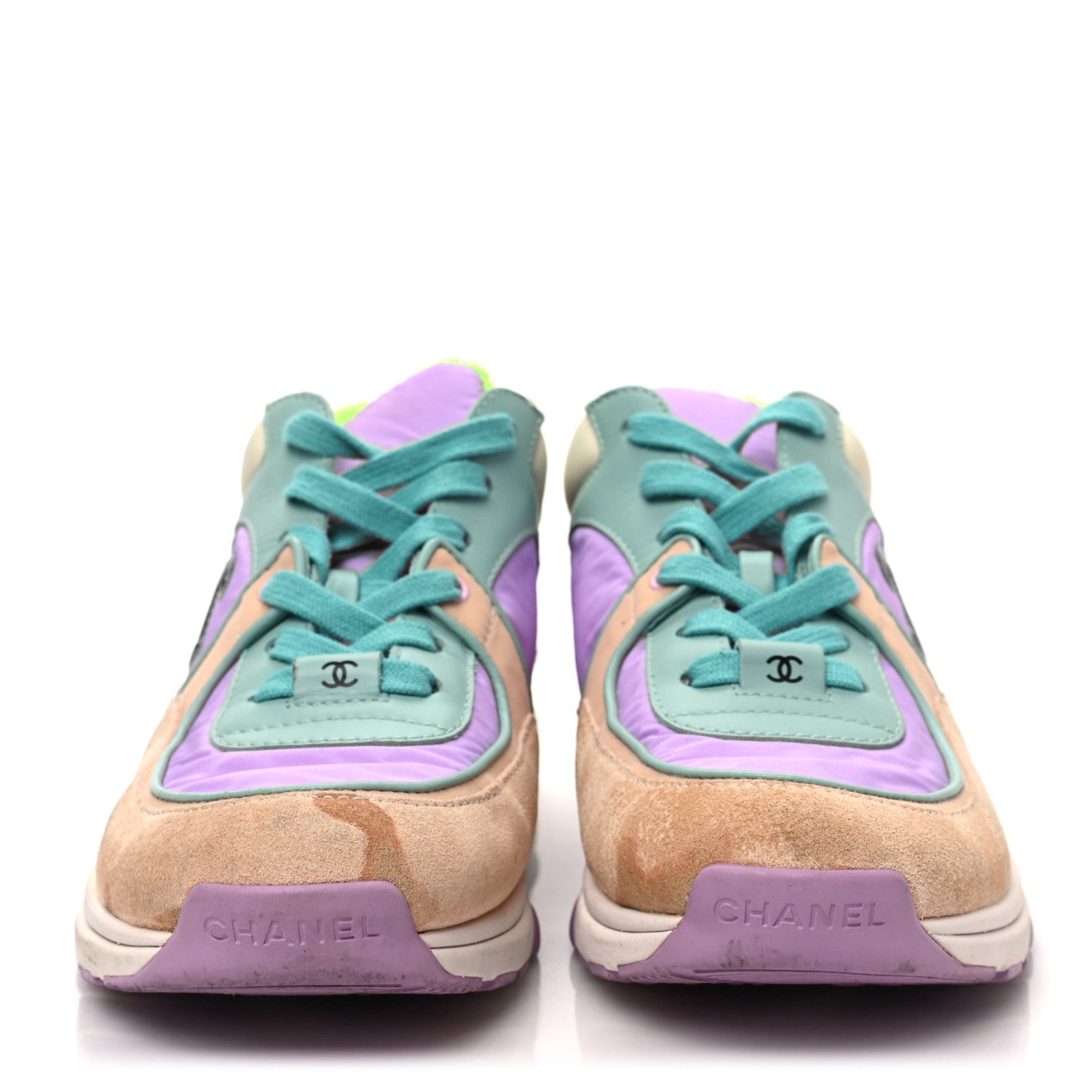 Chanel Nylon Lambskin Suede Calfskin CC Sneakers 37 Green Purple Pink 2 of 8