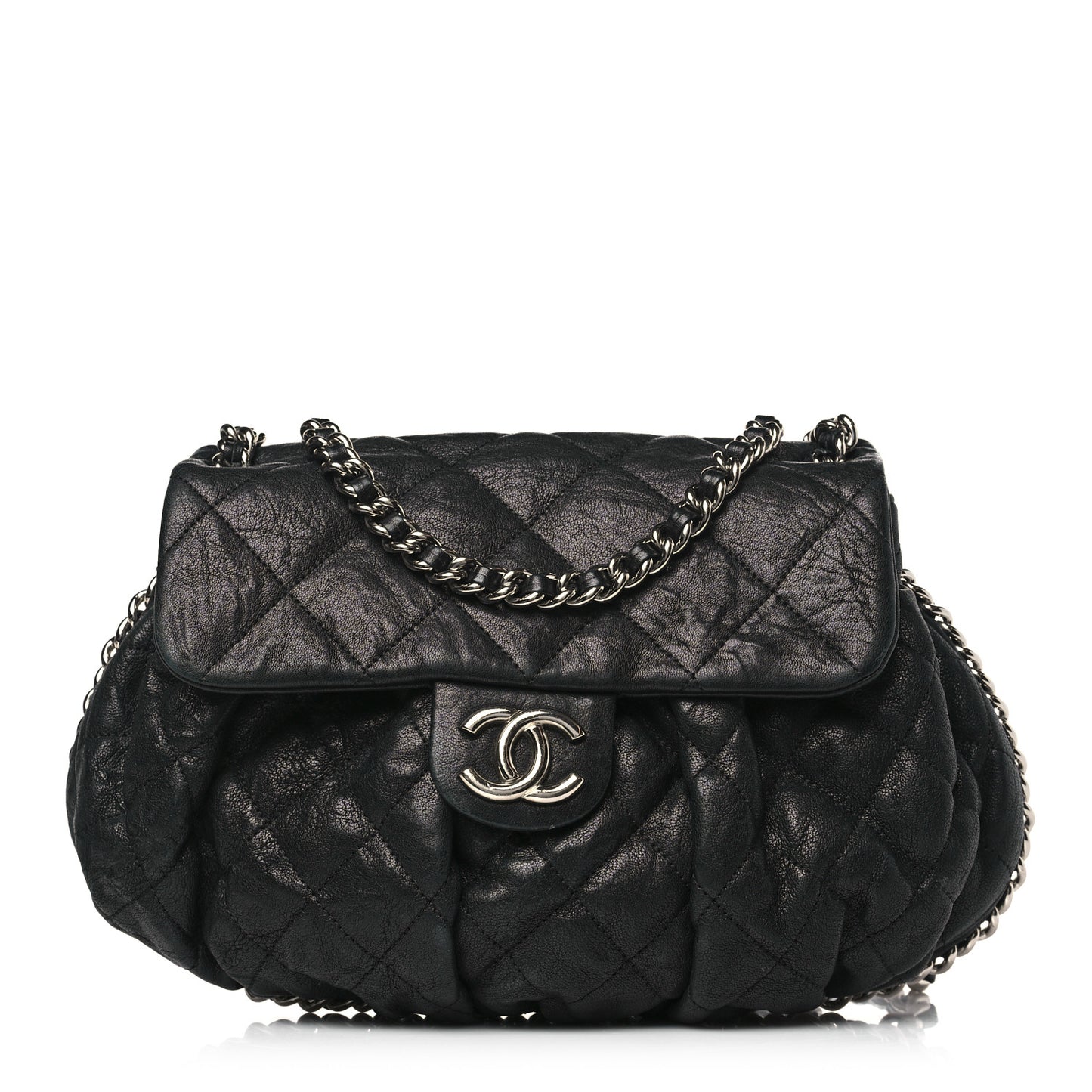 Washed Lambskin Quilted Chain Around Flap Black