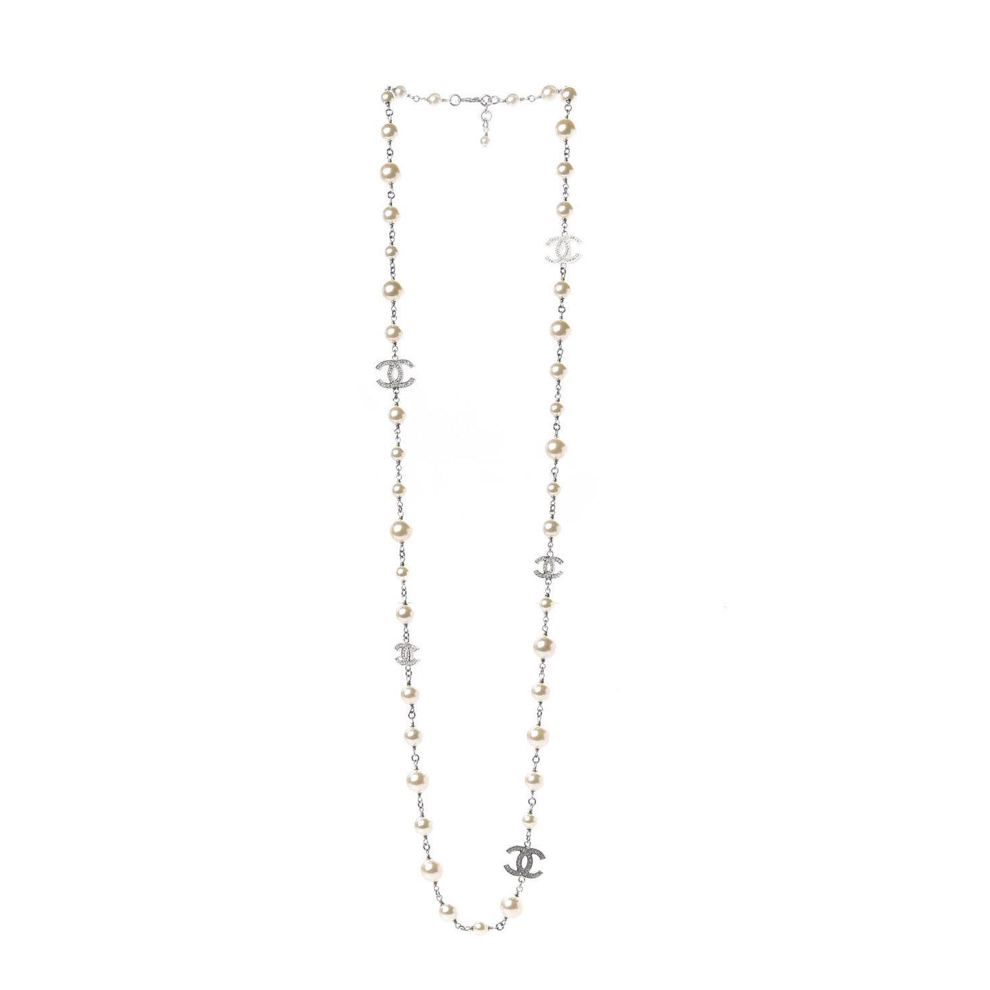 Graduated Pearl Crystal CC Long Necklace Silver