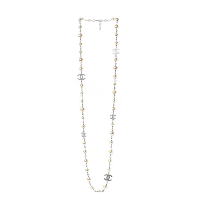 Chanel Graduated Pearl Crystal CC Long Necklace Silver 2 of 5