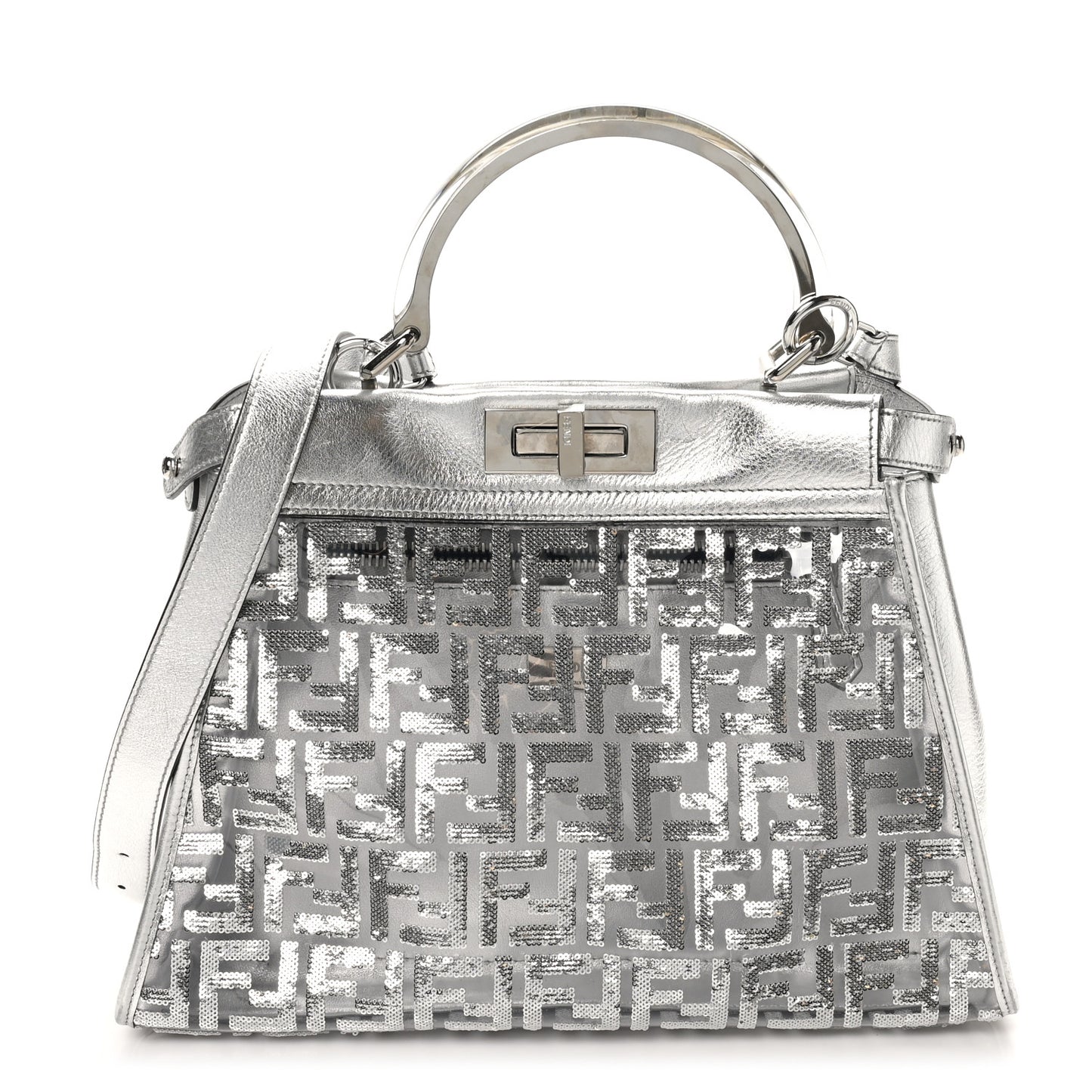 PVC Vitello Catalan Mirror Sequin FF Medium Peekaboo Iconic Satchel Argento