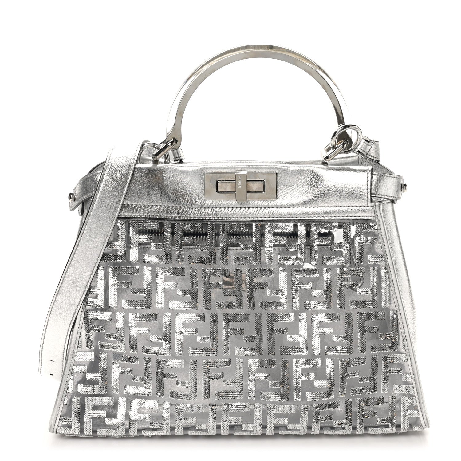 Fendi PVC Vitello Catalan Mirror Sequin FF Medium Peekaboo Iconic Satchel Argento 1 of 8