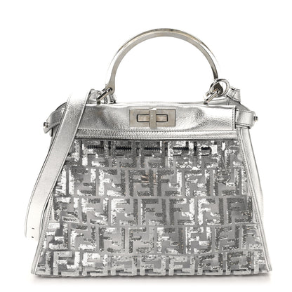 Fendi PVC Vitello Catalan Mirror Sequin FF Medium Peekaboo Iconic Satchel Argento 1 of 8