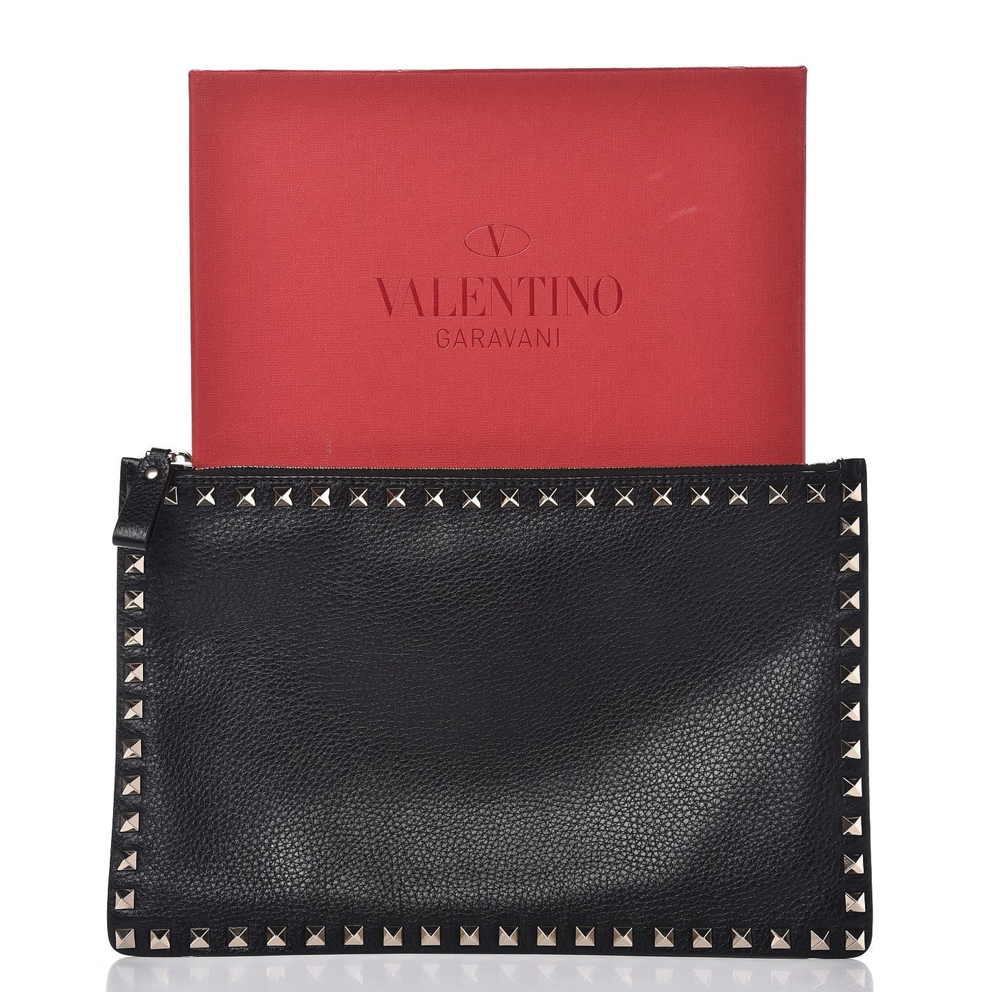 Pebbled Calfskin Large Rockstud Zip Pouch Black