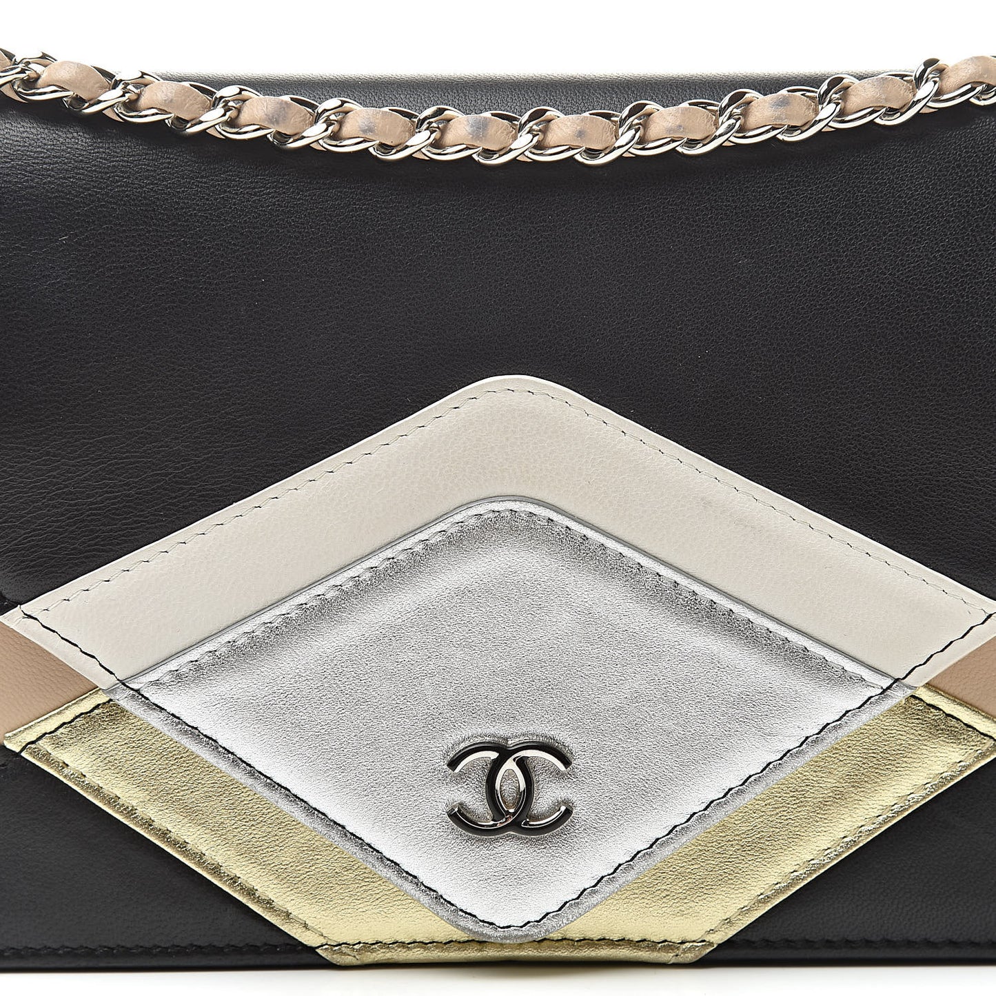 Metallic Lambskin Chevron Wallet On Chain WOC Black Beige