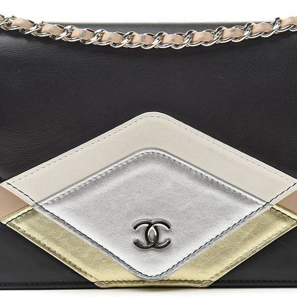 Chanel Metallic Lambskin Chevron Wallet On Chain WOC Black Beige 9 of 15