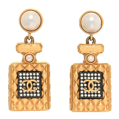 Chanel Crystal Pearl CC Perfume Bottle Drop Earrings Gold 1 of 5