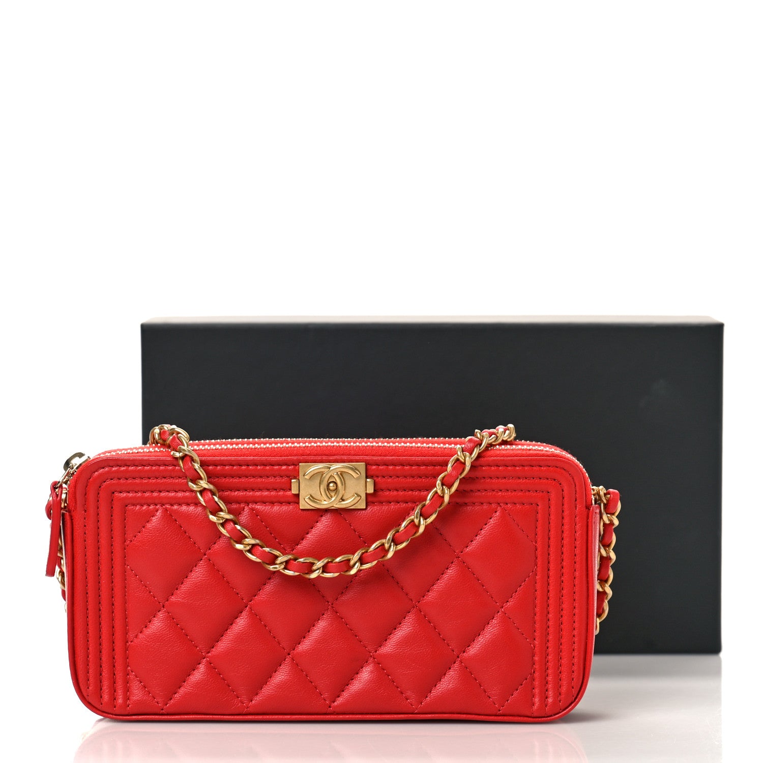 Chanel Lambskin Quilted Small Boy Clutch With Chain Red 11 of 11