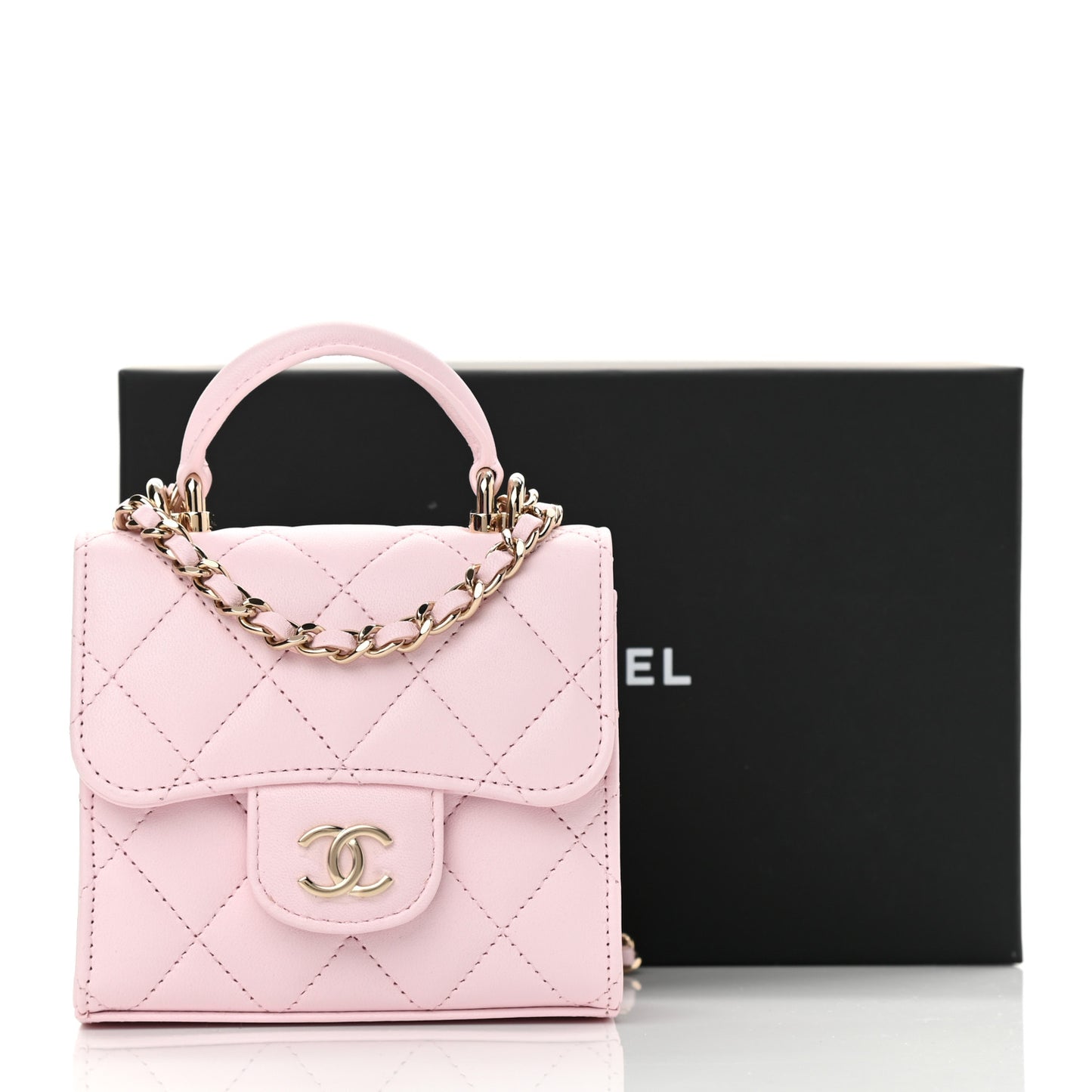 Lambskin Quilted Top Handle Clutch With Chain Light Pink