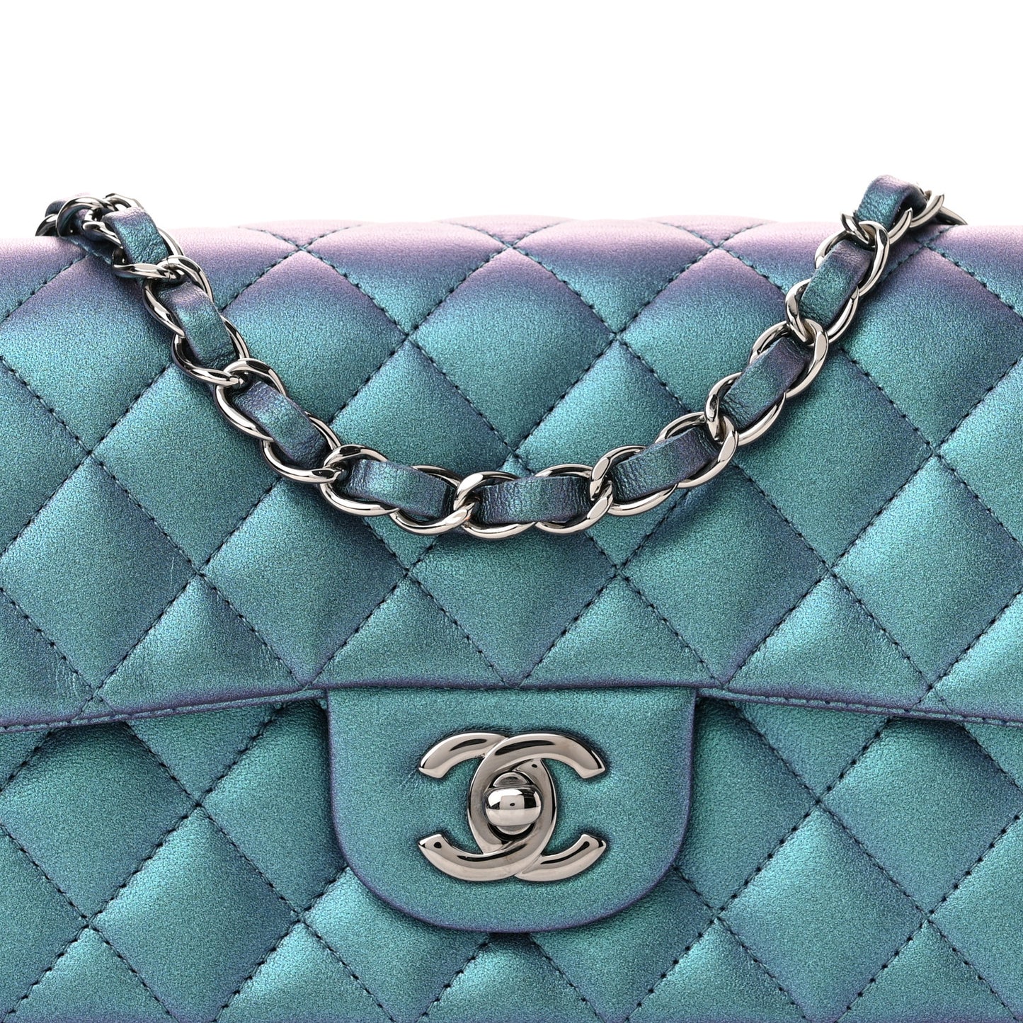 Iridescent Lambskin Quilted Mini Rectangular Flap Turquoise