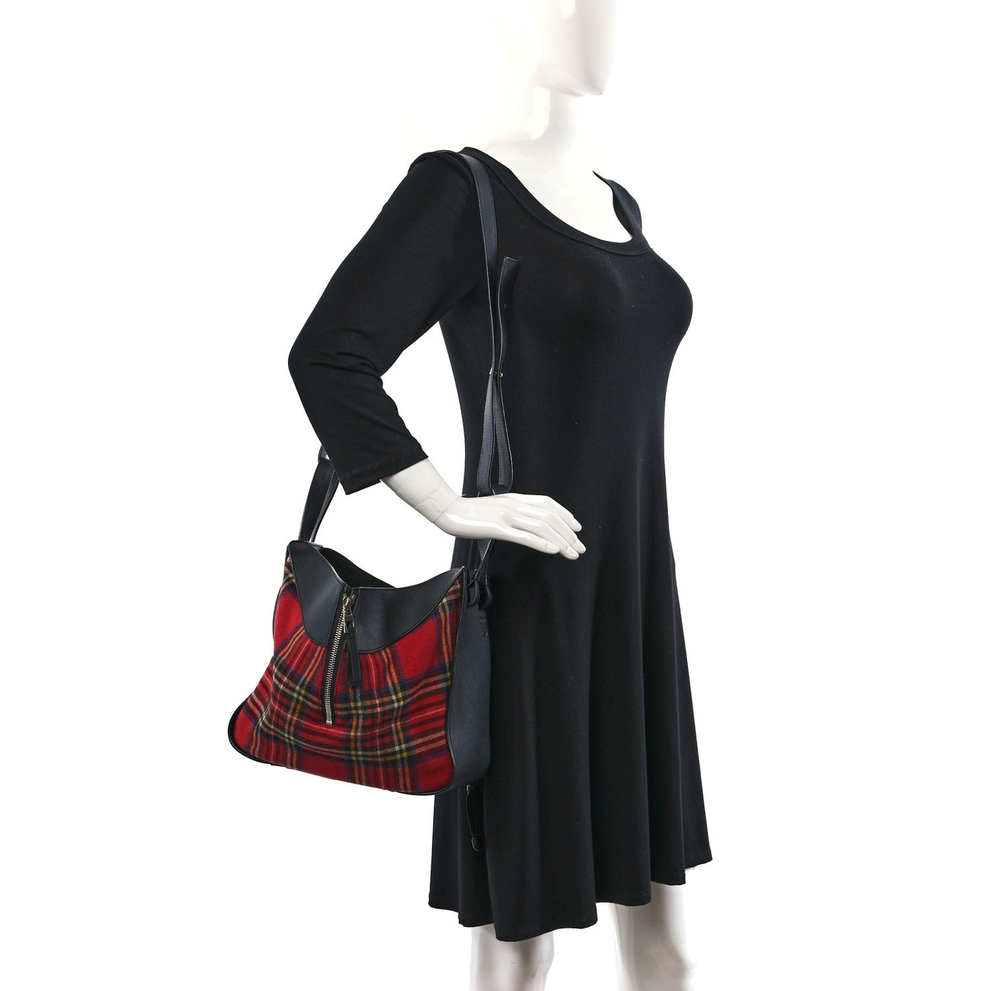 Wool Calfskin Small Hammock Shoulder Bag Black Red Tartan