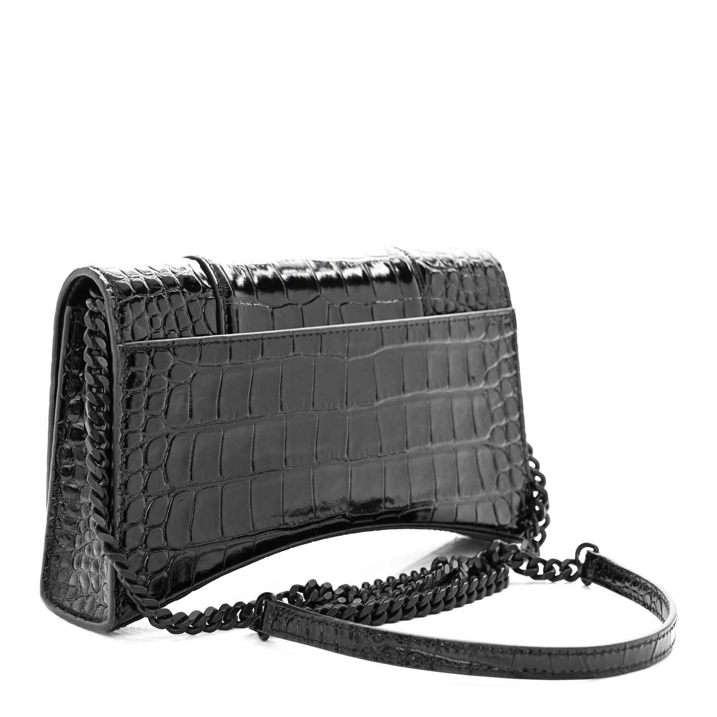 Shiny Calfskin Monochrome Crocodile Embossed Small Hourglass Evening Chain Bag Black