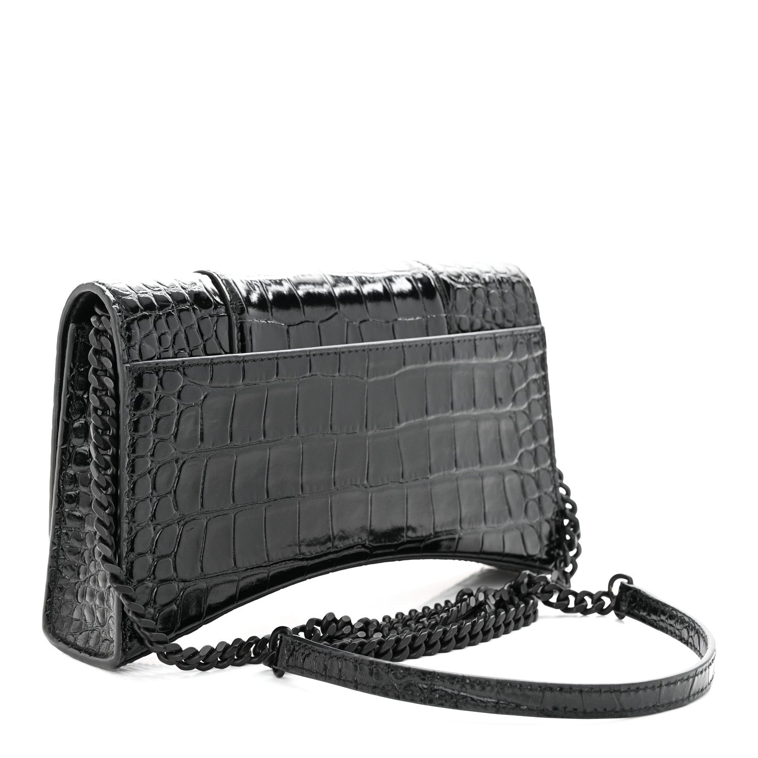 Balenciaga Shiny Calfskin Monochrome Crocodile Embossed Small Hourglass Evening Chain Bag Black 3 of 12