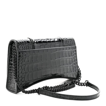 Balenciaga Shiny Calfskin Monochrome Crocodile Embossed Small Hourglass Evening Chain Bag Black 3 of 12