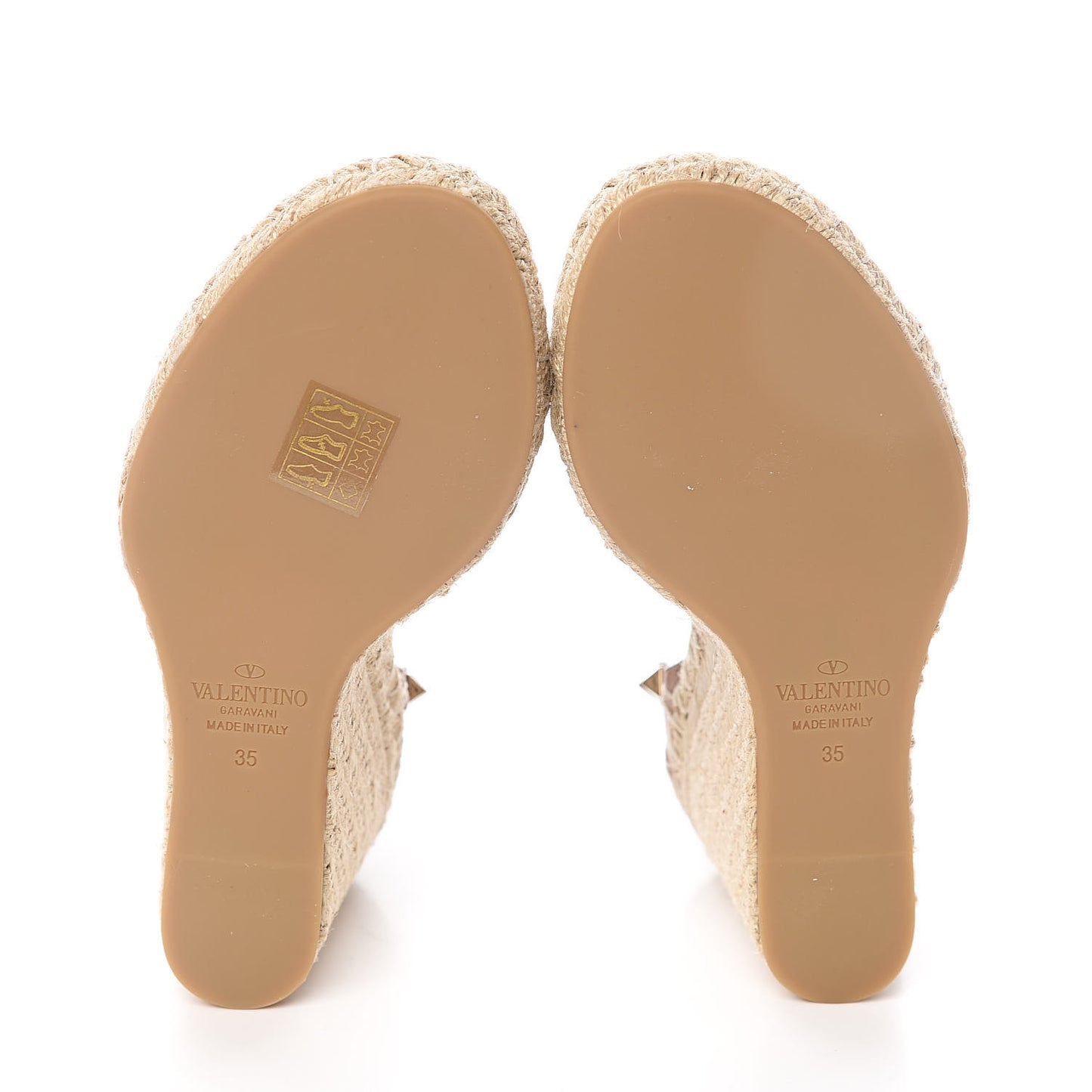 Grained Calfskin Rockstud Ankle Strap Espadrille 15/105mm Wedge Sandals 35 Poudre Natural
