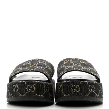 Gucci Jacquard Black Denim GG Monogram Angelina Platform 55mm Slide Sandals 37.5 Black Ivory 2 of 10