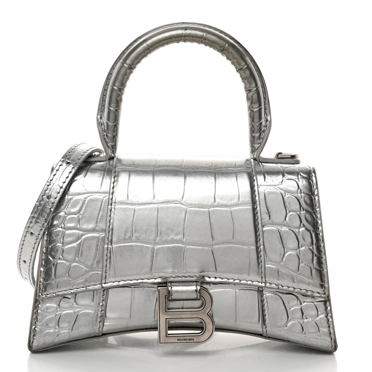Metallic Calfskin Crocodile Embossed Hourglass Top Handle Bag XS Silver